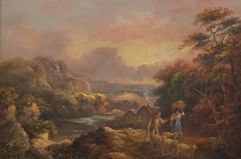 John Joseph Barker of Bath (1824-1904), pair of oils on canvas, Mountainous landscapes with figures, one signed, 23 x 34cm, ornate gilt framed. Condition - fair to good